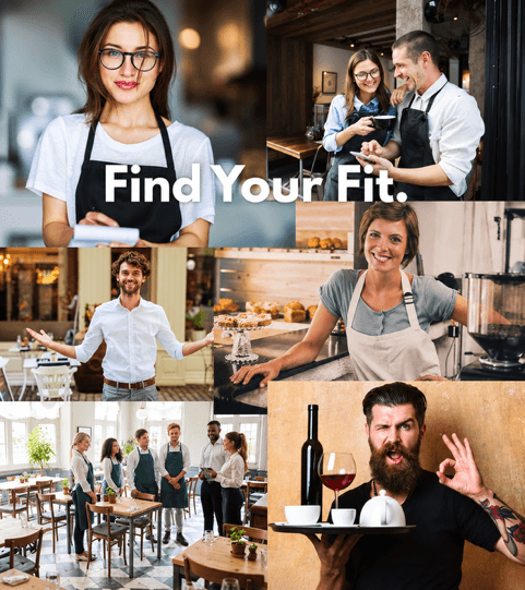 Hospitality staff at work, with the words "Find Your Fit." set across the collage