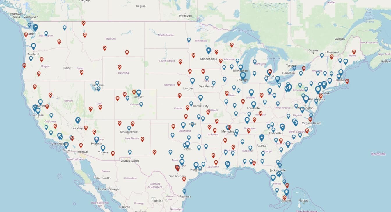 Map of the United States showing Mis en Place placements nationwide