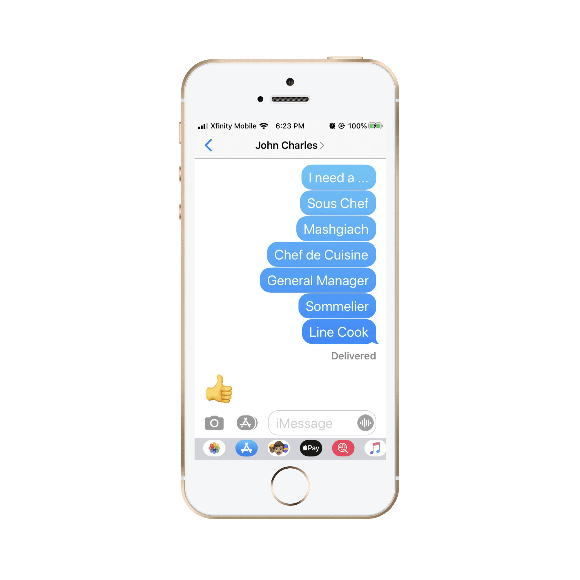 Text message thread requesting a Sous Chef, Mashgiach, Chef de Cuisine, General Manager, Sommelier and Line Cook